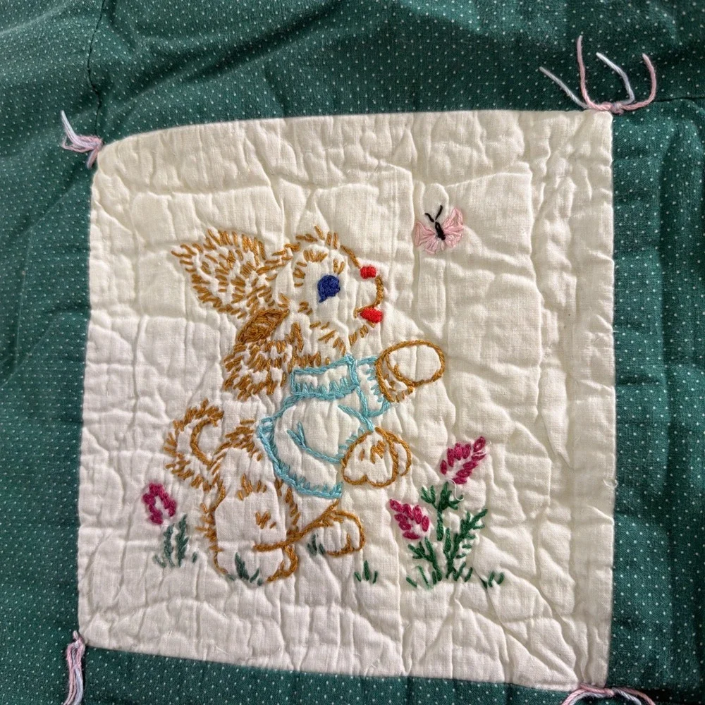 Vintage Handmade Embroidered Crib Quilt Playful Animals Green White